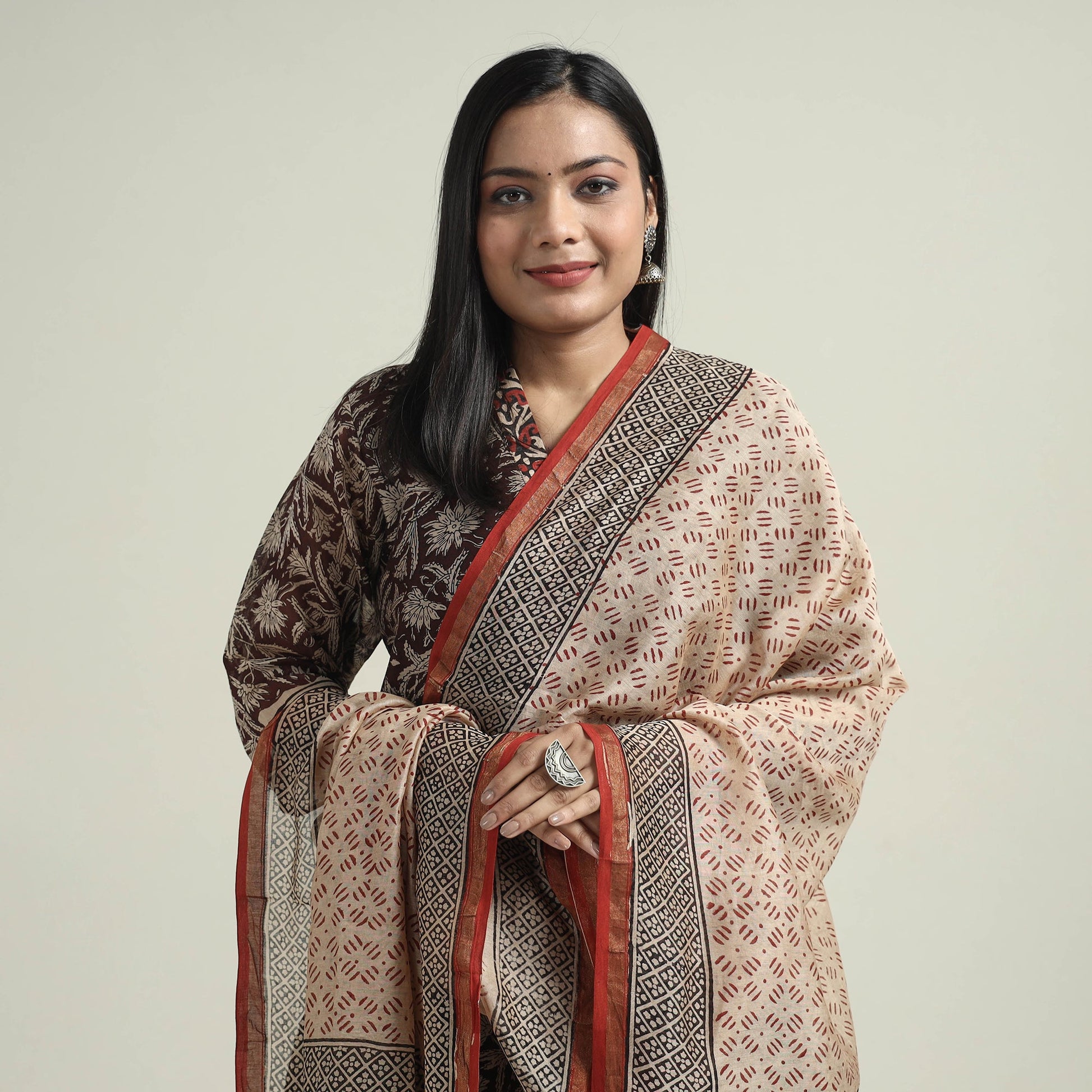 Brown - Bagru Block Printed Chanderi Silk Kurta with Palazzo & Dupatta Set