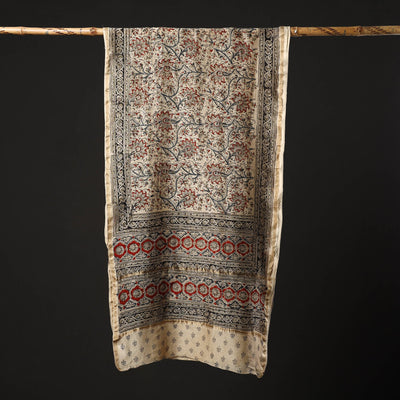 Beige - Pedana Block Print Chanderi Silk Kalamkari Stole 01
