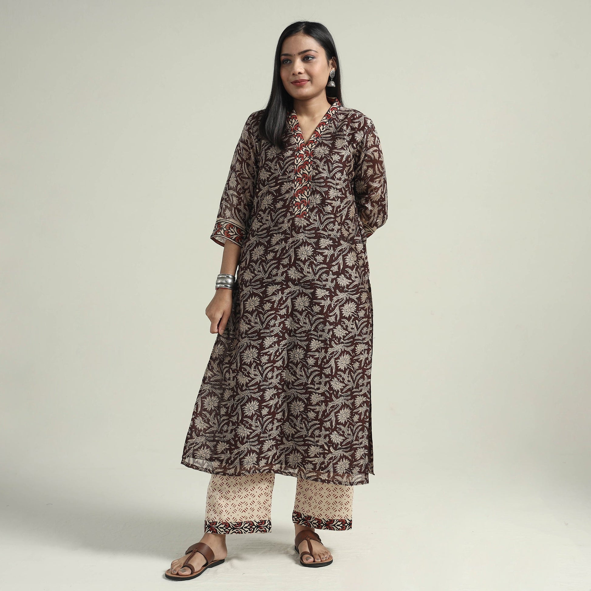 Brown - Bagru Block Printed Chanderi Silk Kurta with Palazzo & Dupatta Set