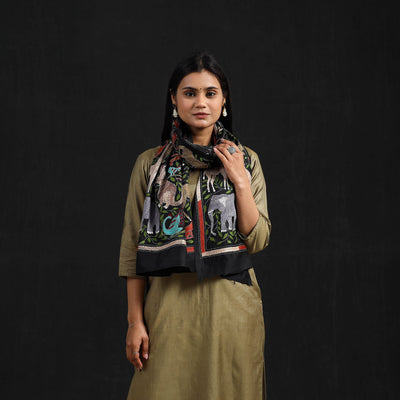 Black - Handloom Silk Bengal Kantha Work Stole 25