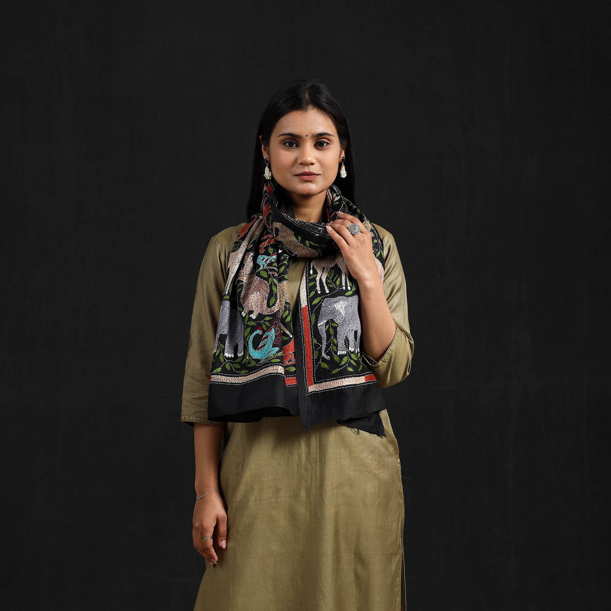 Black - Handloom Silk Bengal Kantha Work Stole 25