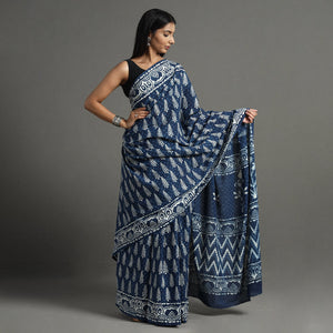 Blue - Bagru Hand Block Printed Mul Cotton Natural Dyed Saree 14