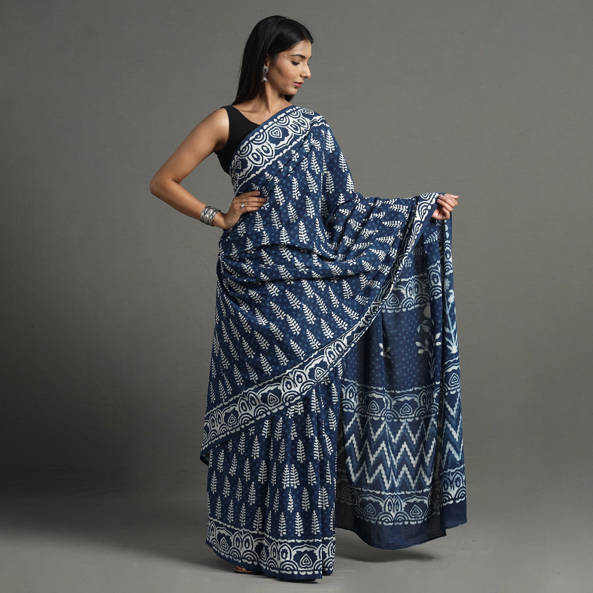 Blue - Bagru Hand Block Printed Mul Cotton Natural Dyed Saree 14