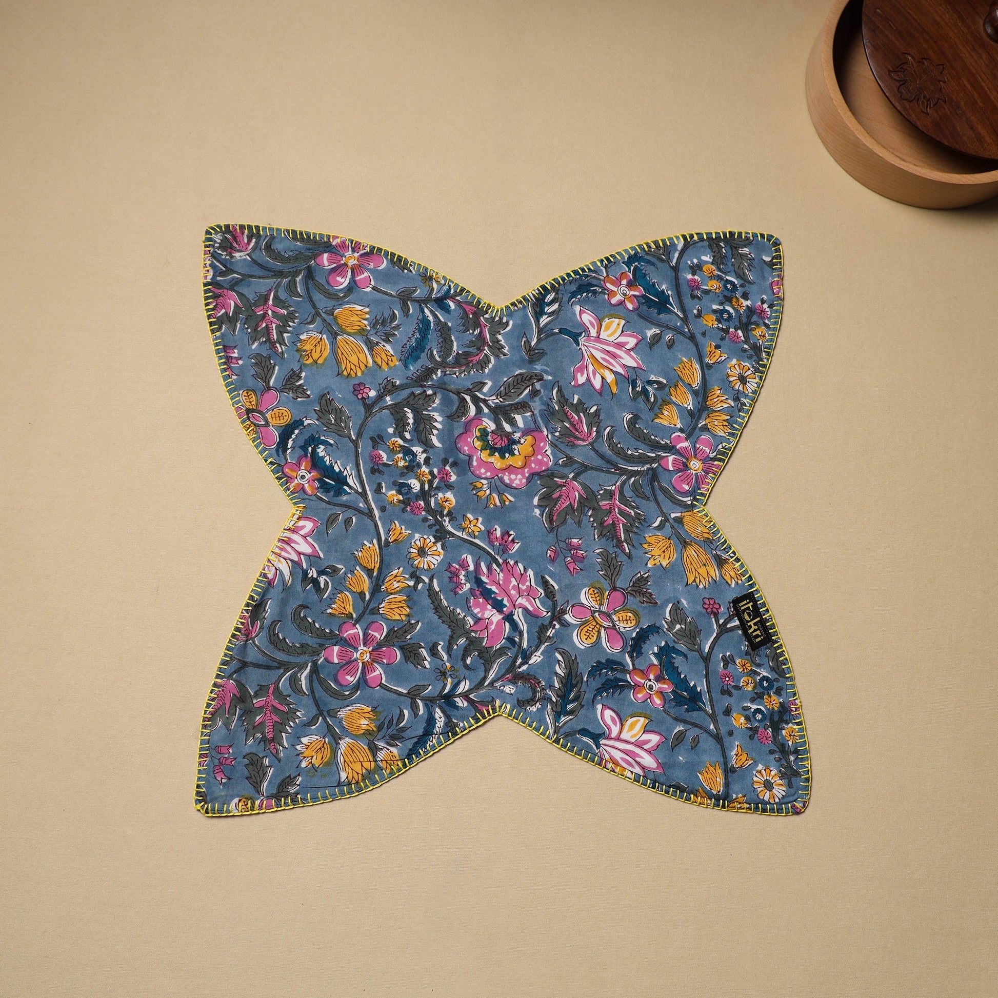 Blue - Hand Embroidered Cotton Roti Napkin 08