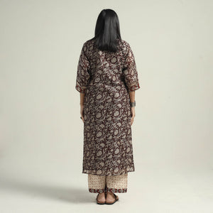 Brown - Bagru Block Printed Chanderi Silk Kurta with Palazzo & Dupatta Set