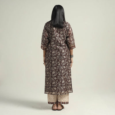 Brown - Bagru Block Printed Chanderi Silk Kurta with Palazzo & Dupatta Set