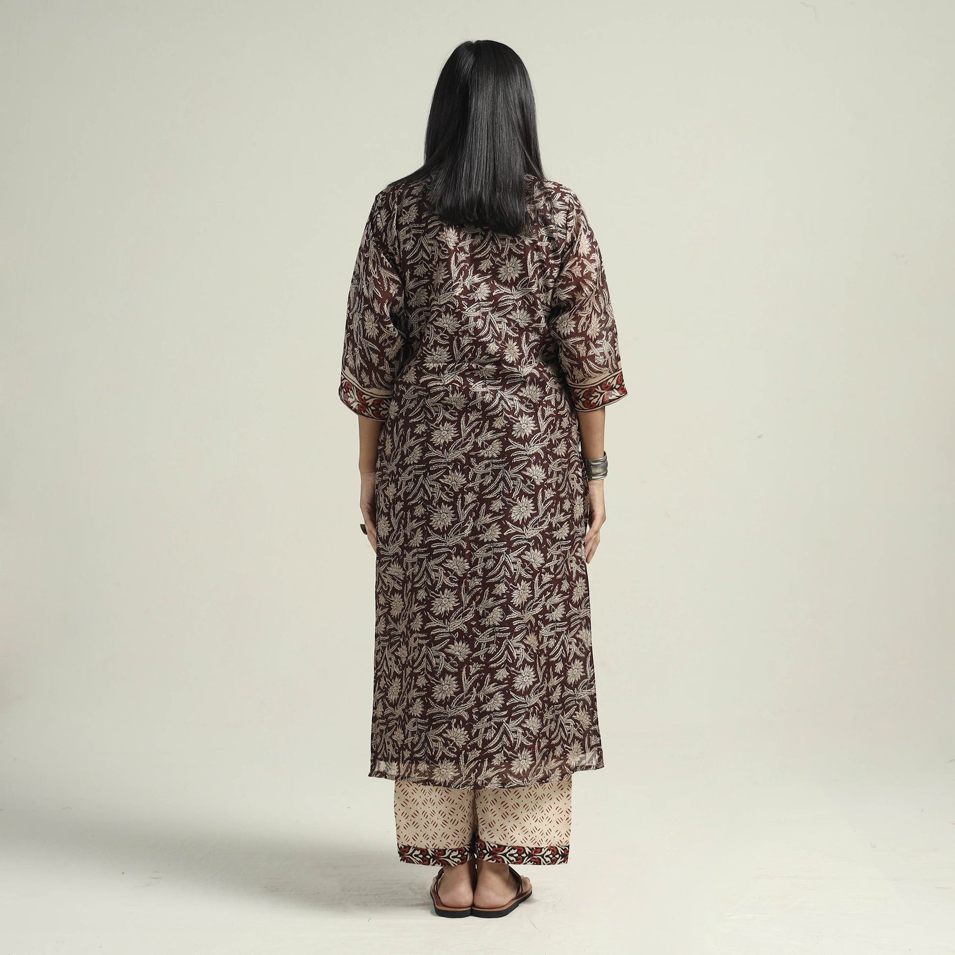 Brown - Bagru Block Printed Chanderi Silk Kurta with Palazzo & Dupatta Set