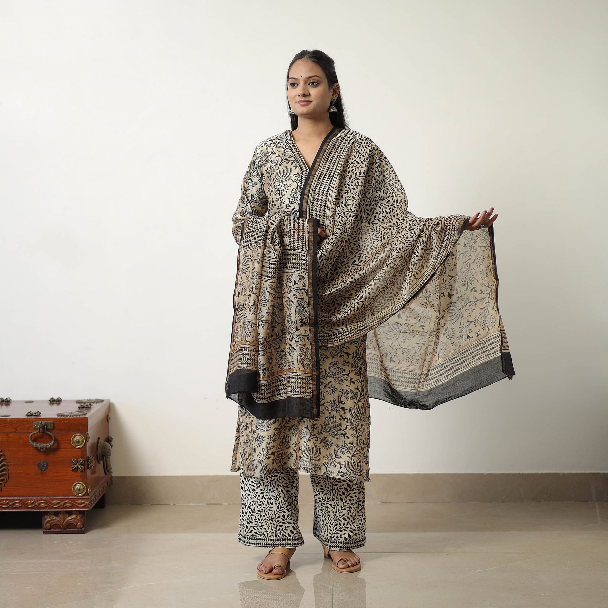Beige - Chanderi Silk Hand Block Bagru Print Kurta Set 05