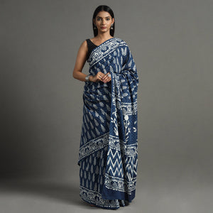 Blue - Bagru Hand Block Printed Mul Cotton Natural Dyed Saree 14
