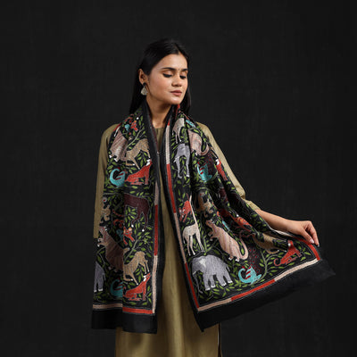 Black - Handloom Silk Bengal Kantha Work Stole 25