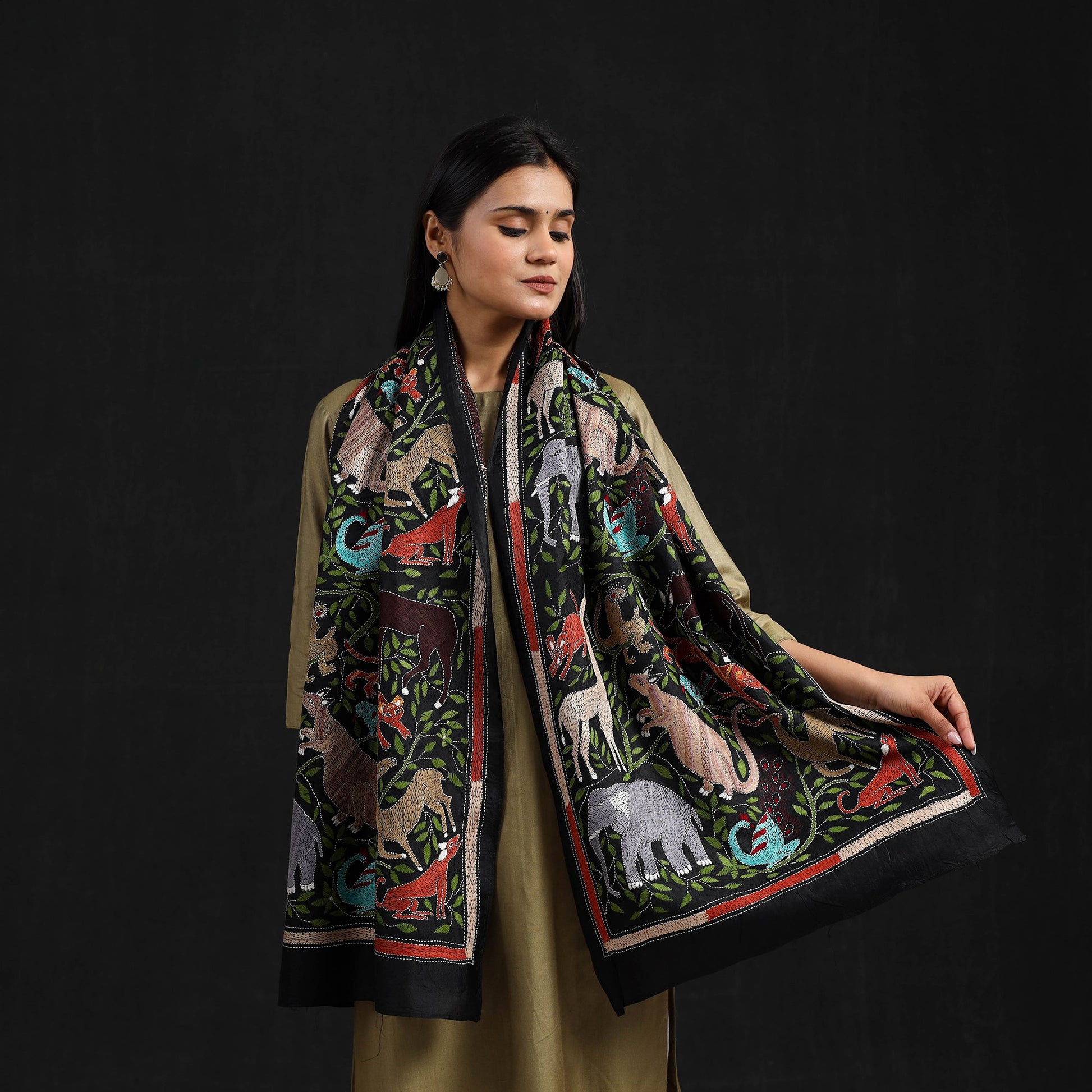 Black - Handloom Silk Bengal Kantha Work Stole 25