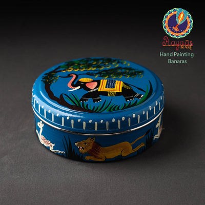 Blue - Banaras Handpainted Stainless Steel Masala Box (7 x 7 in)