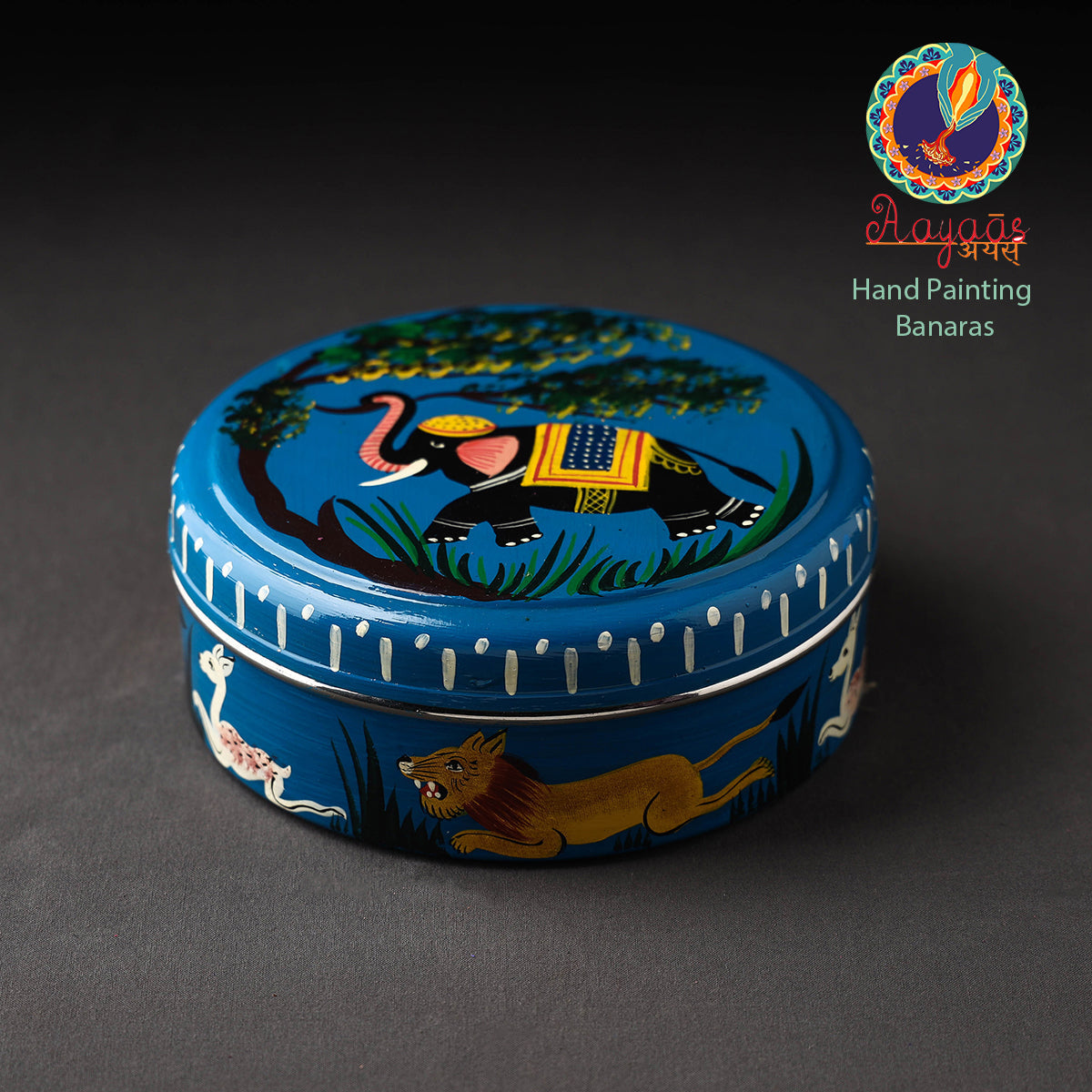 Blue - Banaras Handpainted Stainless Steel Masala Box (7 x 7 in)