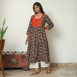 Brown - Kalamkari Printed Cotton A-Line Long Kurta with Patchwork 71