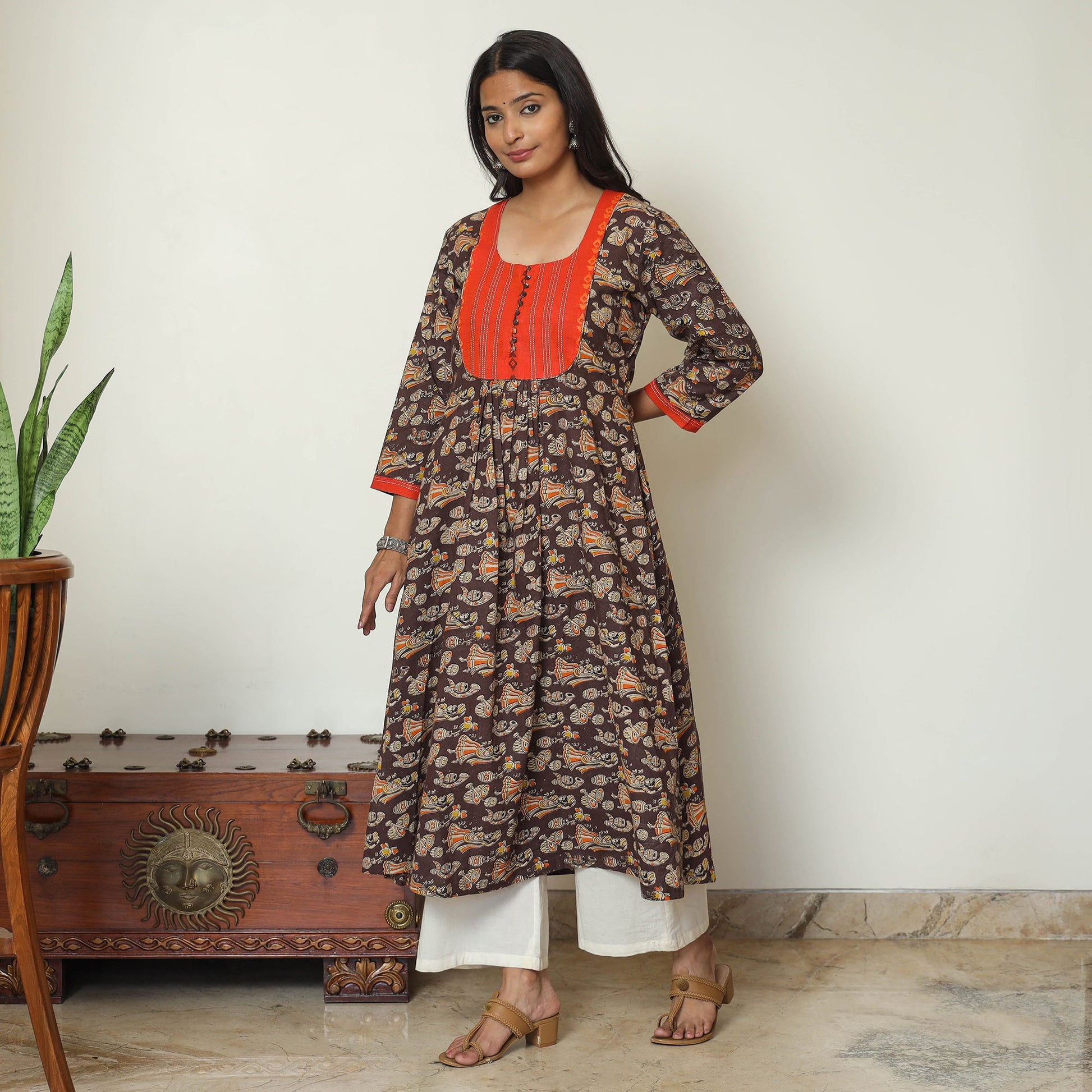 Brown - Kalamkari Printed Cotton A-Line Long Kurta with Patchwork 71