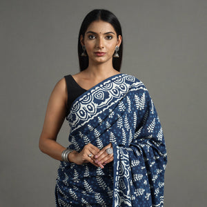 Blue - Bagru Hand Block Printed Mul Cotton Natural Dyed Saree 14