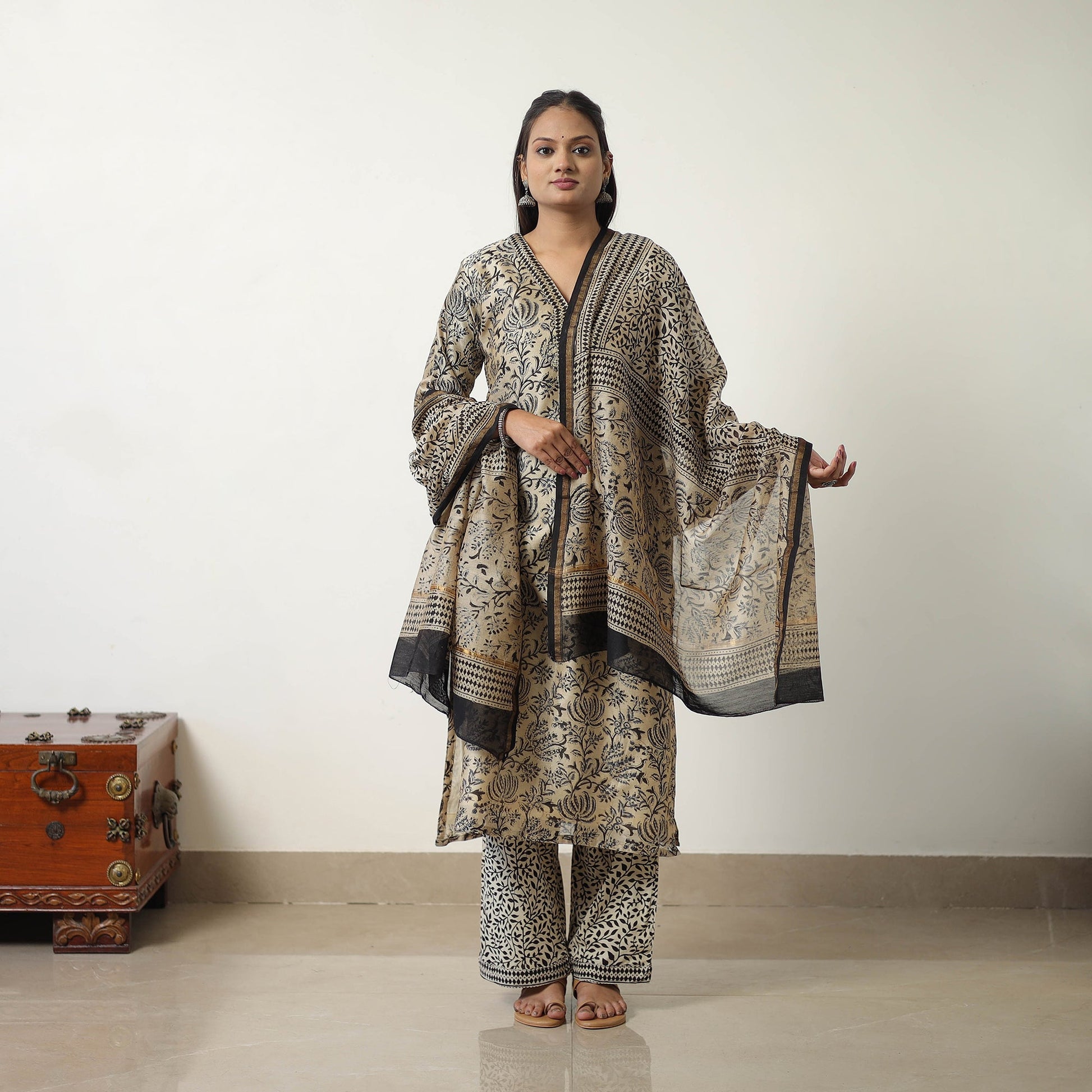 Beige - Chanderi Silk Hand Block Bagru Print Kurta Set 05