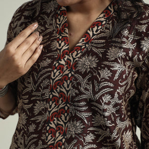 Brown - Bagru Block Printed Chanderi Silk Kurta with Palazzo & Dupatta Set