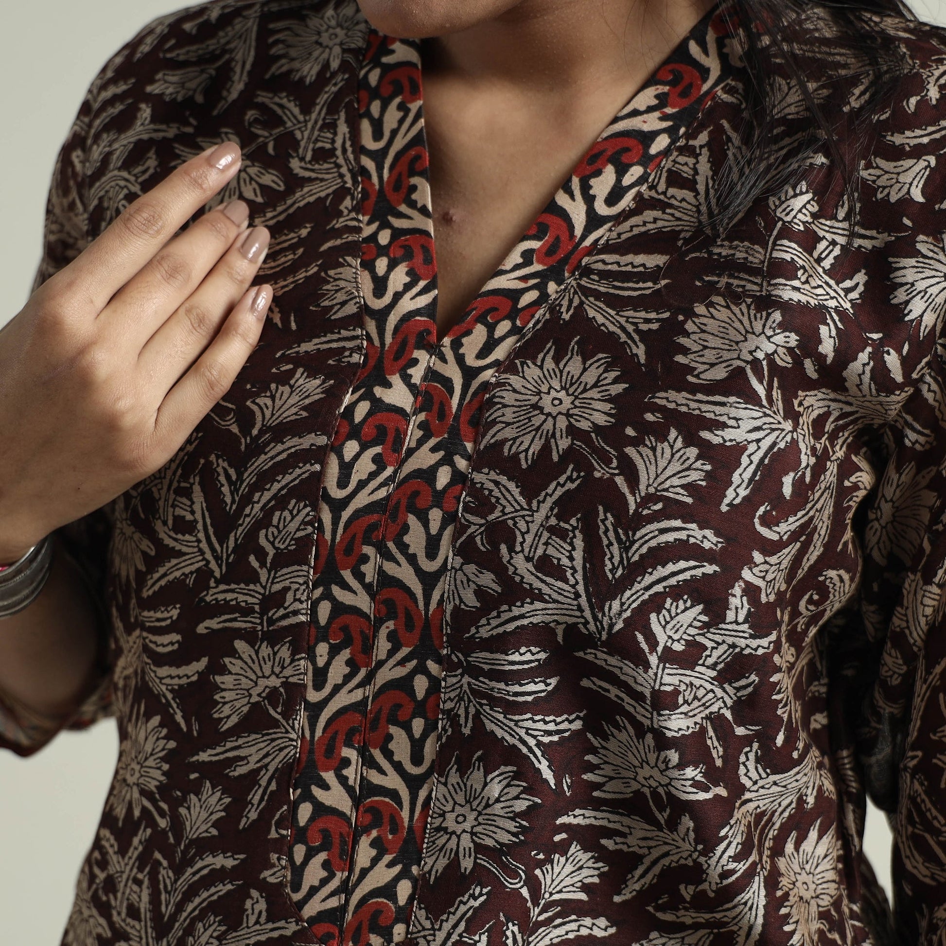 Brown - Bagru Block Printed Chanderi Silk Kurta with Palazzo & Dupatta Set