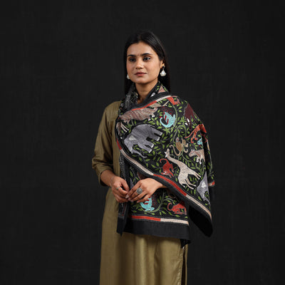 Black - Handloom Silk Bengal Kantha Work Stole 25