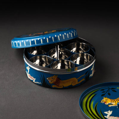 Blue - Banaras Handpainted Stainless Steel Masala Box (7 x 7 in)