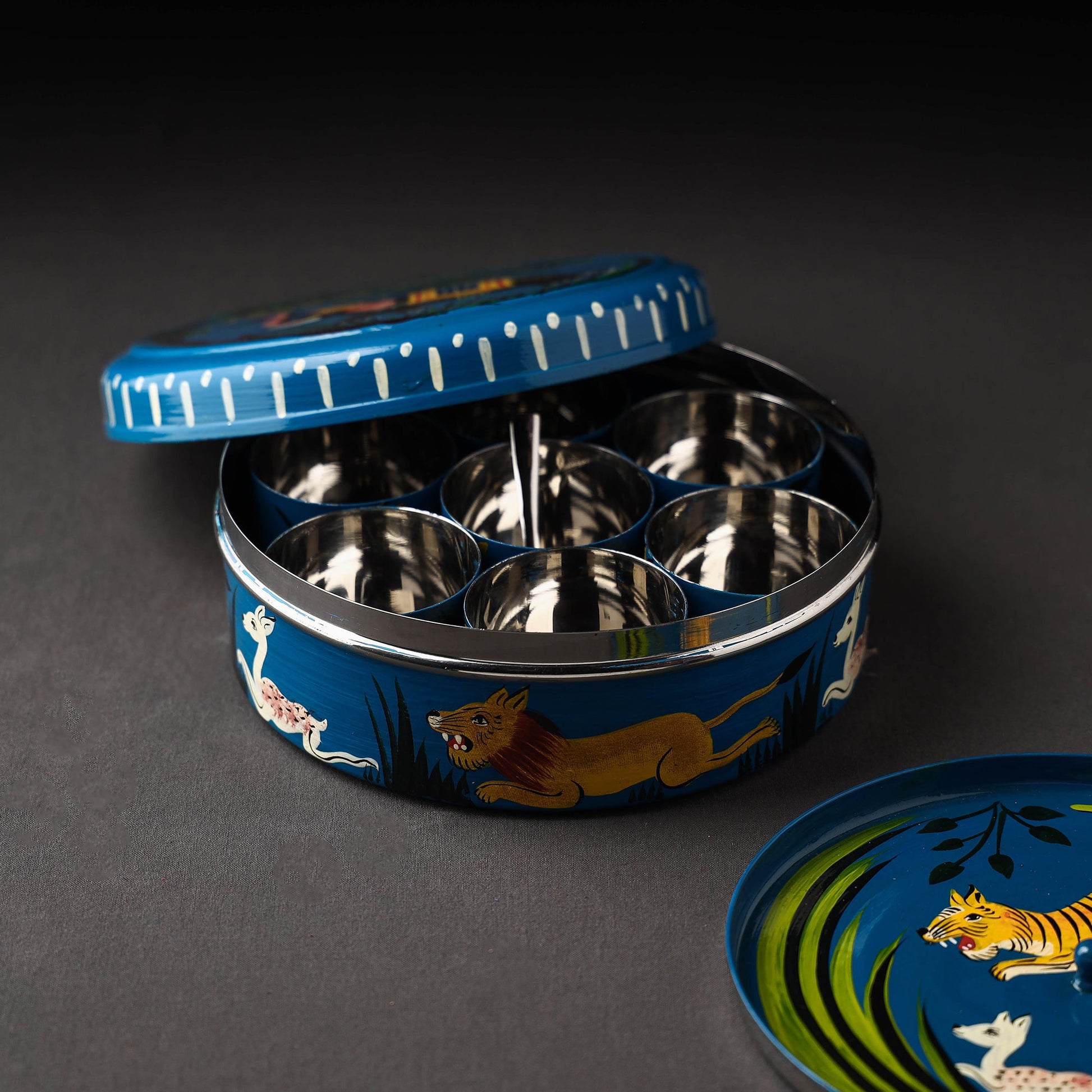 Blue - Banaras Handpainted Stainless Steel Masala Box (7 x 7 in)