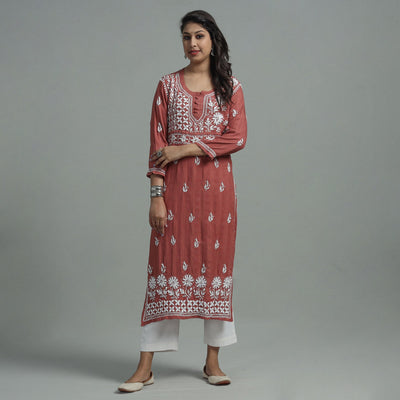 Brown - Chikankari Hand Embroidered Cotton Long Kurta