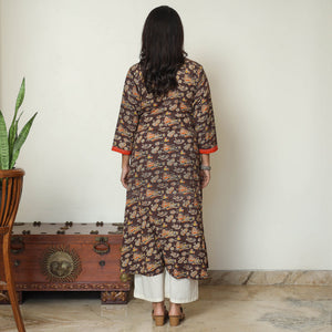 Brown - Kalamkari Printed Cotton A-Line Long Kurta with Patchwork 71