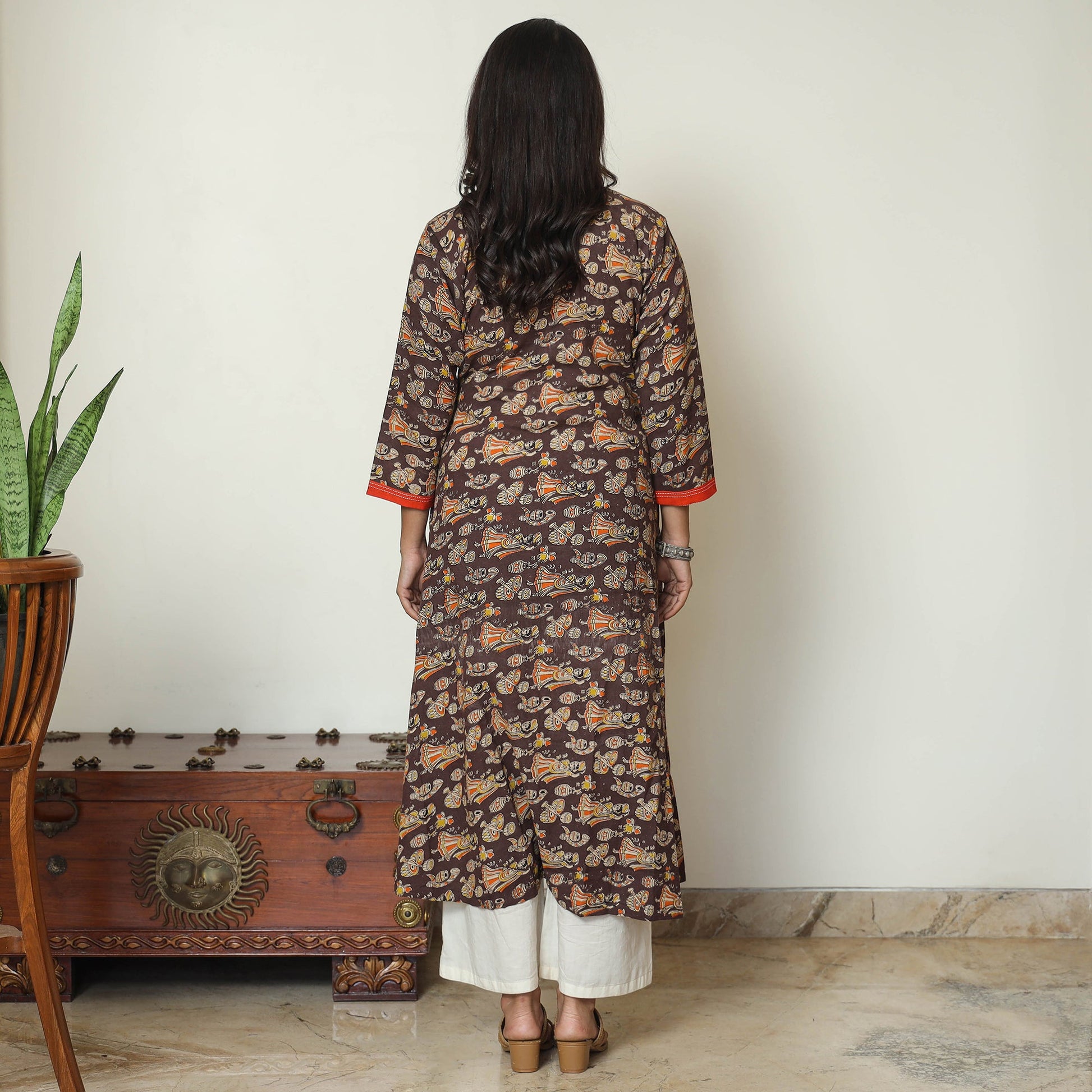 Brown - Kalamkari Printed Cotton A-Line Long Kurta with Patchwork 71