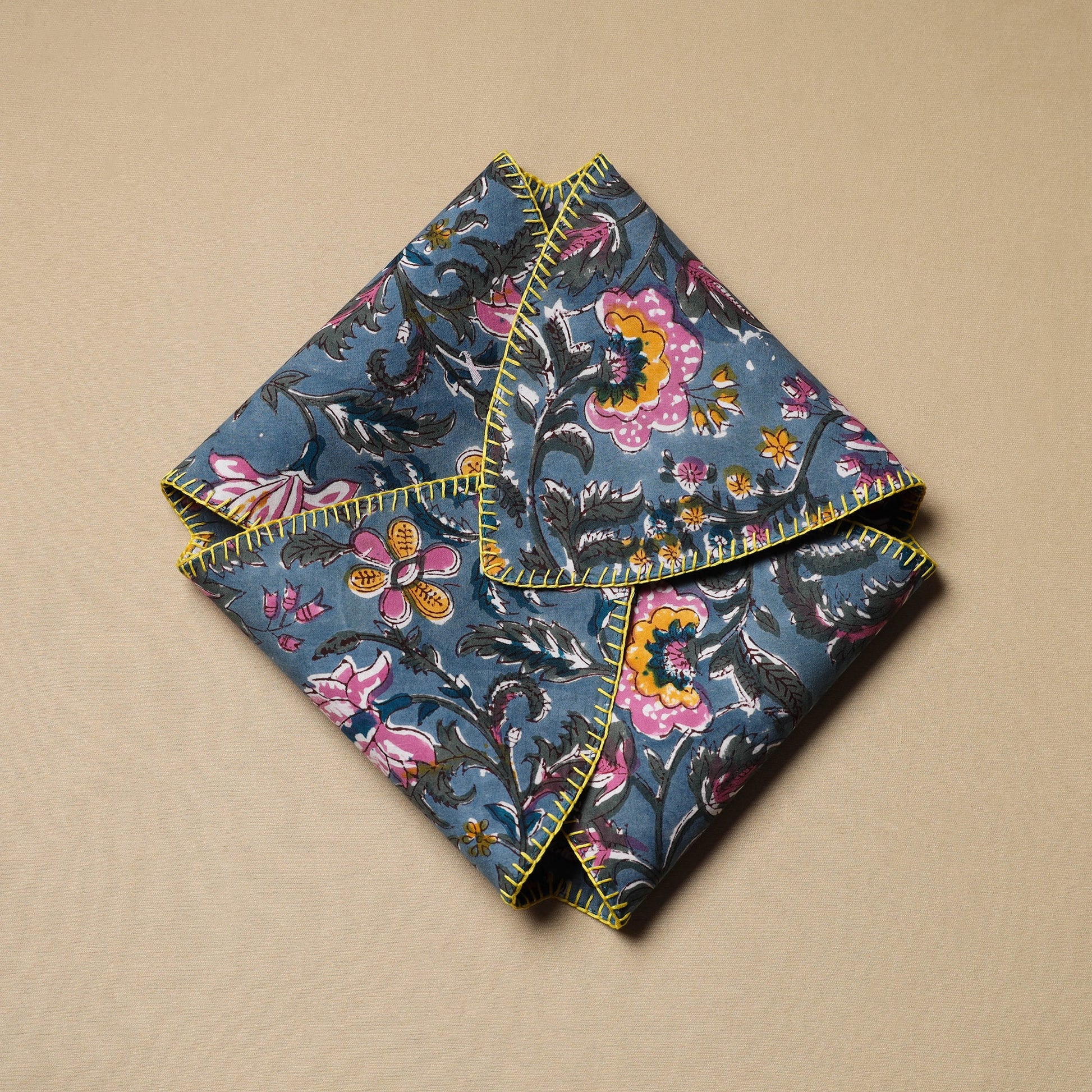 Blue - Hand Embroidered Cotton Roti Napkin 08