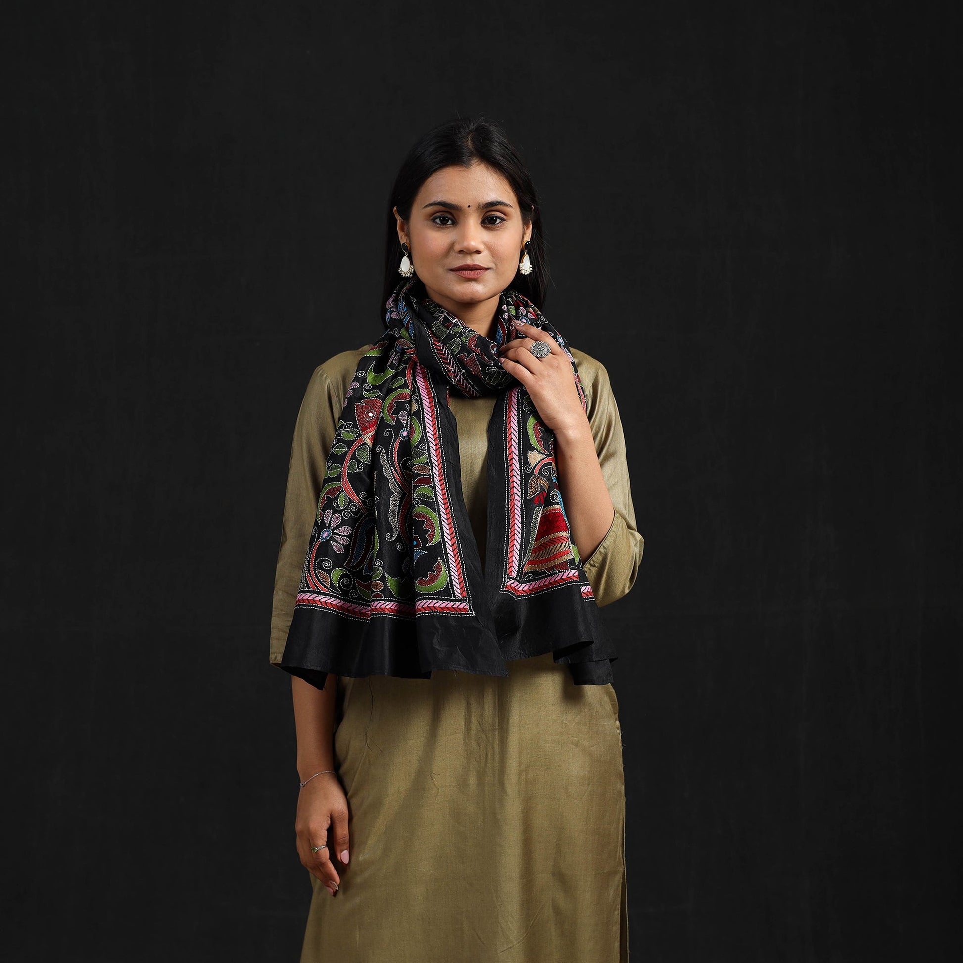 Black - Handloom Silk Bengal Kantha Work Stole 32