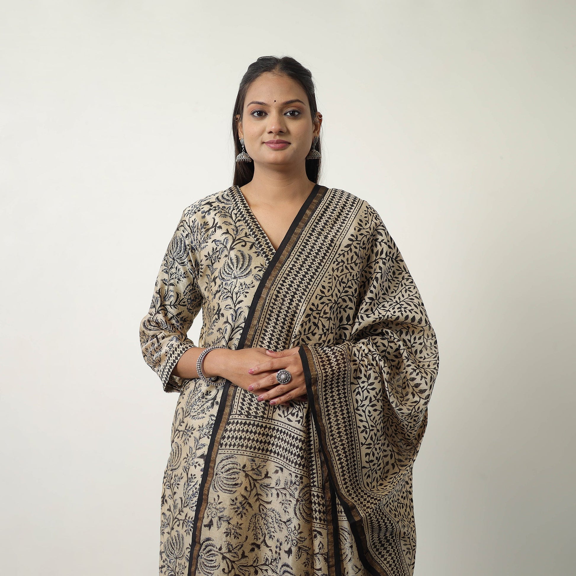 Beige - Chanderi Silk Hand Block Bagru Print Kurta Set 05