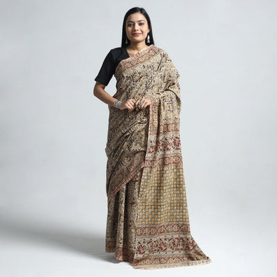 Beige - Pedana Block Print Cotton Kalamkari Saree