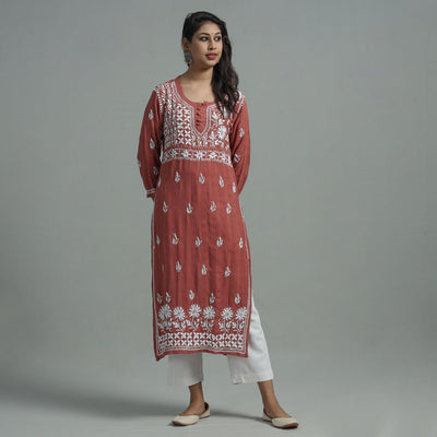 Brown - Chikankari Hand Embroidered Cotton Long Kurta