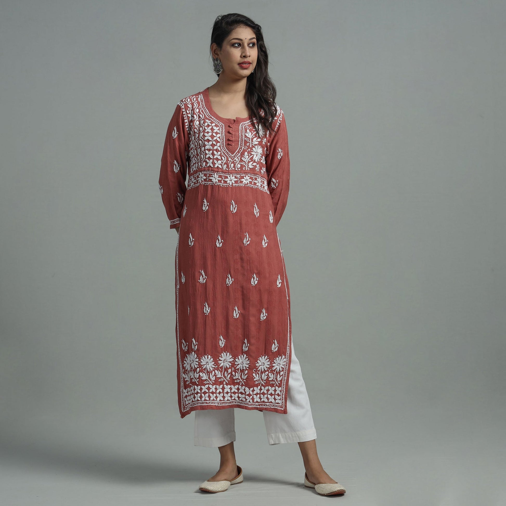 Brown - Chikankari Hand Embroidered Cotton Long Kurta