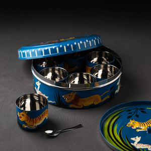 Blue - Banaras Handpainted Stainless Steel Masala Box (7 x 7 in)