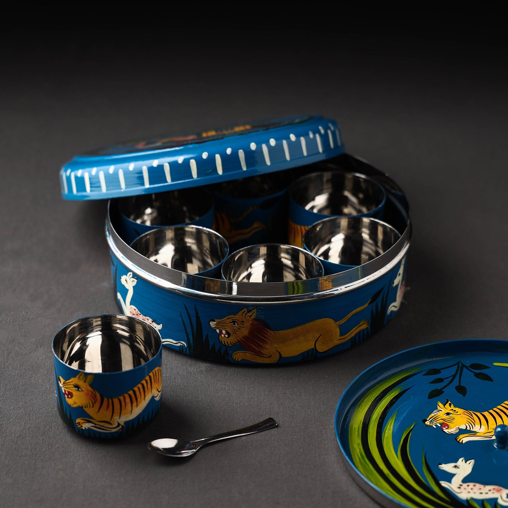Blue - Banaras Handpainted Stainless Steel Masala Box (7 x 7 in)