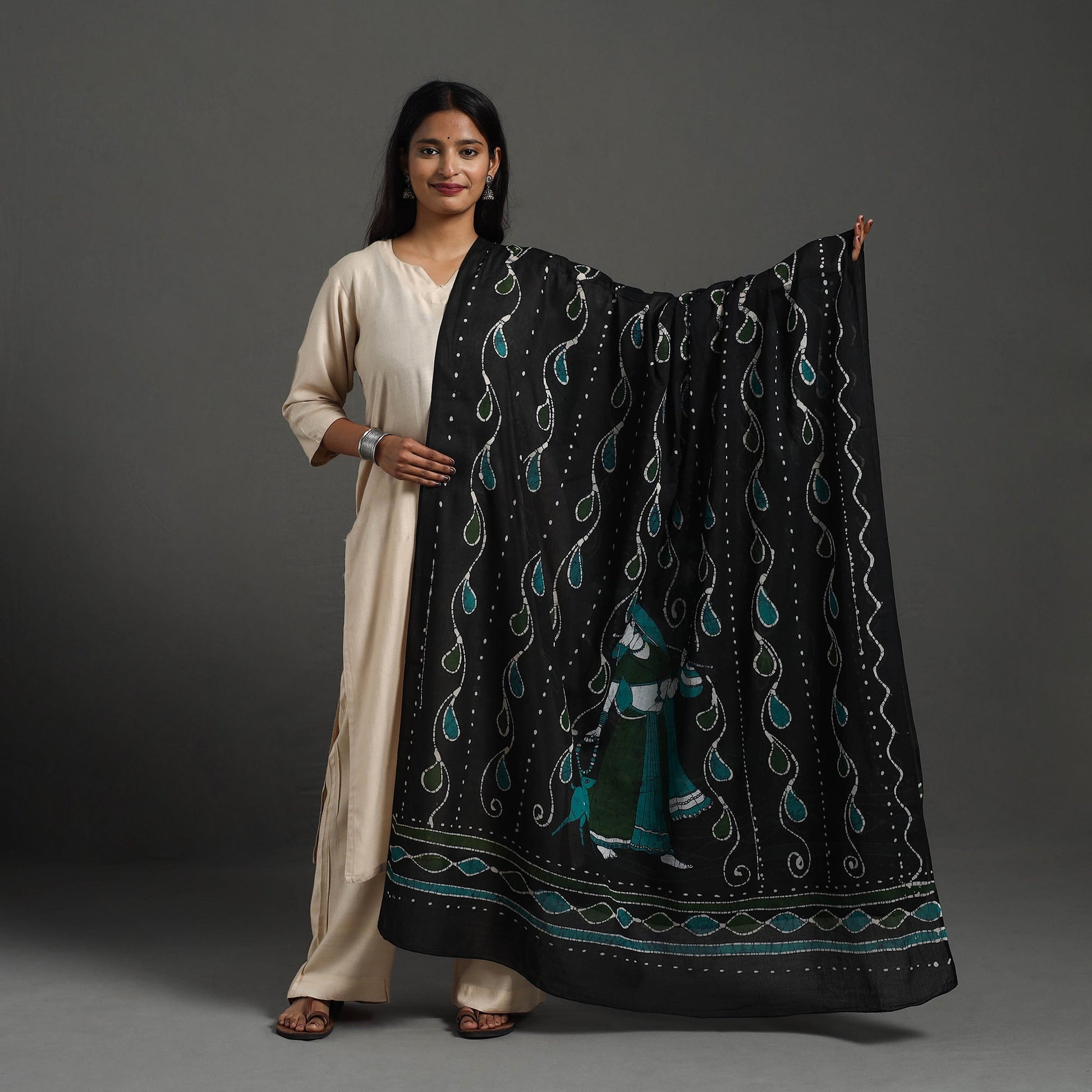 Black - Cotton Hand Batik Print Dupatta 30