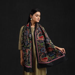 Black - Handloom Silk Bengal Kantha Work Stole 32