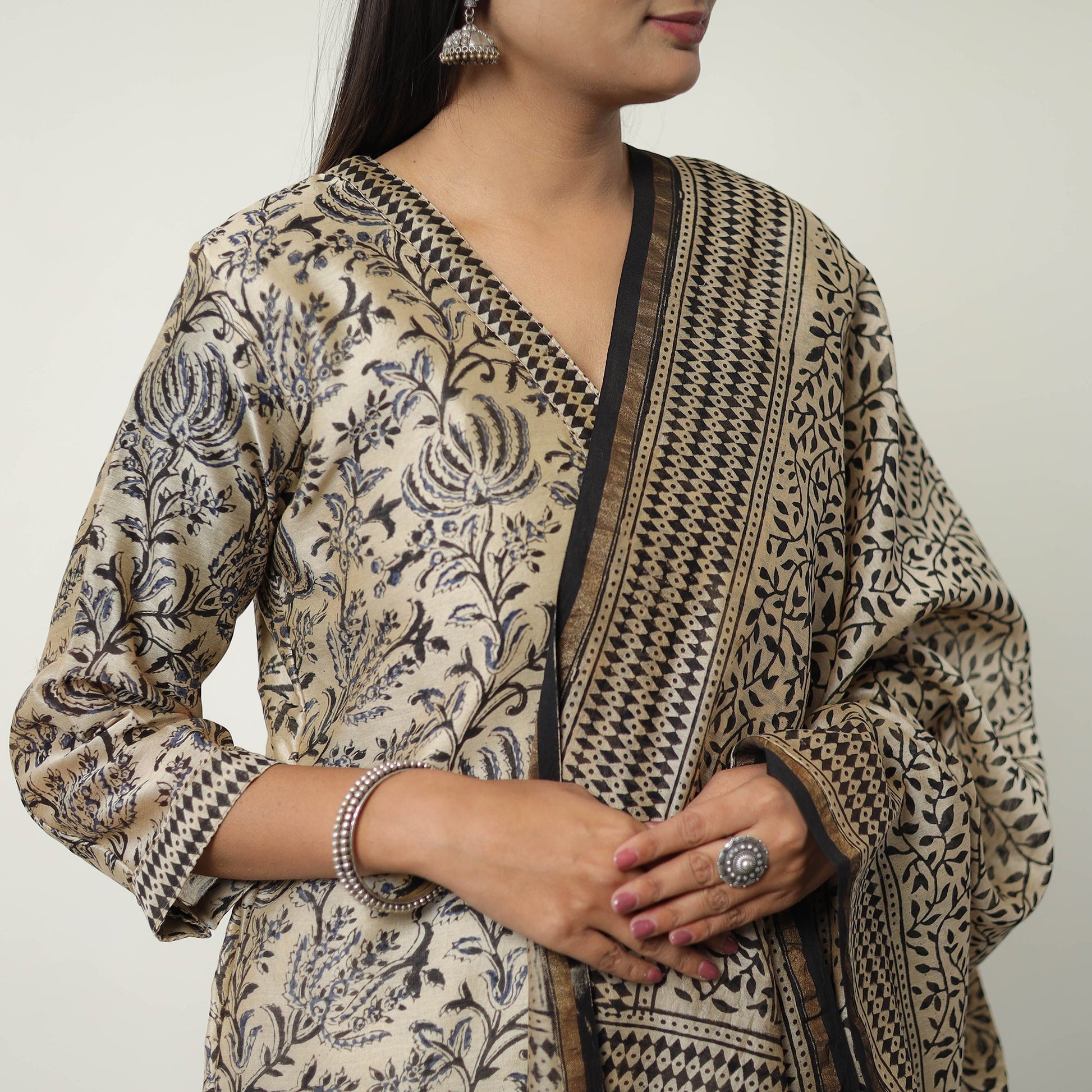 Beige - Chanderi Silk Hand Block Bagru Print Kurta Set 05