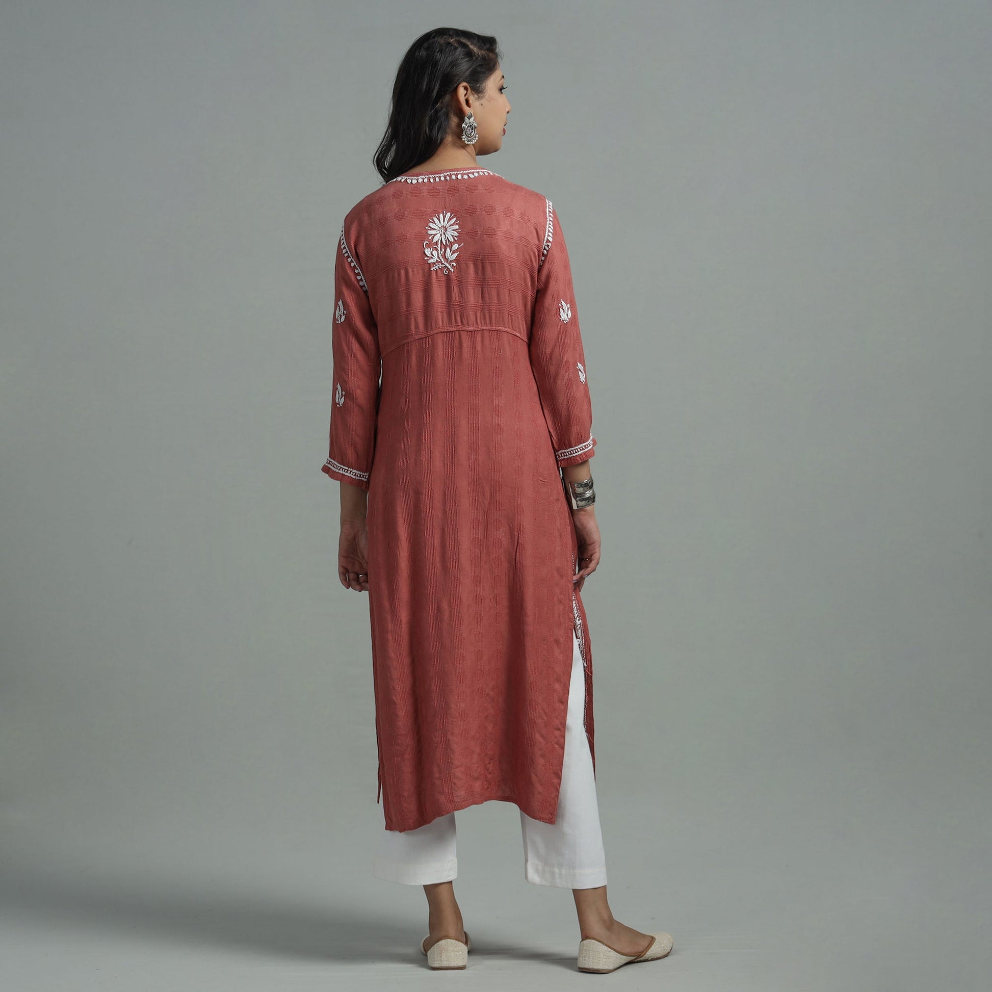 Brown - Chikankari Hand Embroidered Cotton Long Kurta
