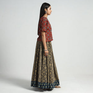 Brown - Ajrakh Block Printed 24 Kali Patchwork Cotton Long Skirt