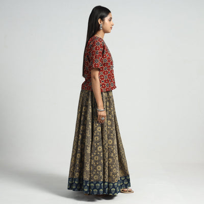 Brown - Ajrakh Block Printed 24 Kali Patchwork Cotton Long Skirt