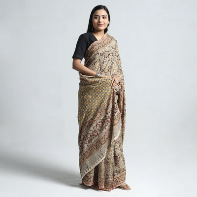 Beige - Pedana Block Print Cotton Kalamkari Saree
