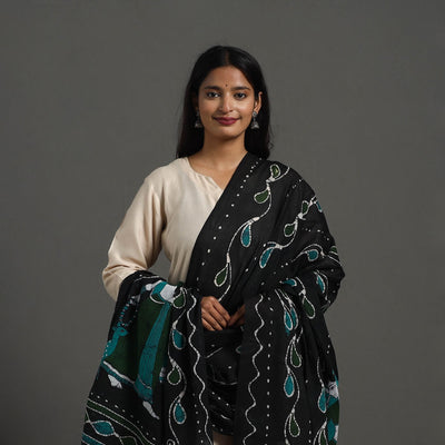 Black - Cotton Hand Batik Print Dupatta 30