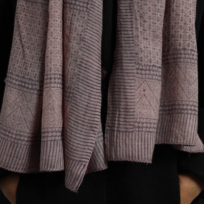 Beige - Bagh Hand Block Printed Merino Woollen Stole 49