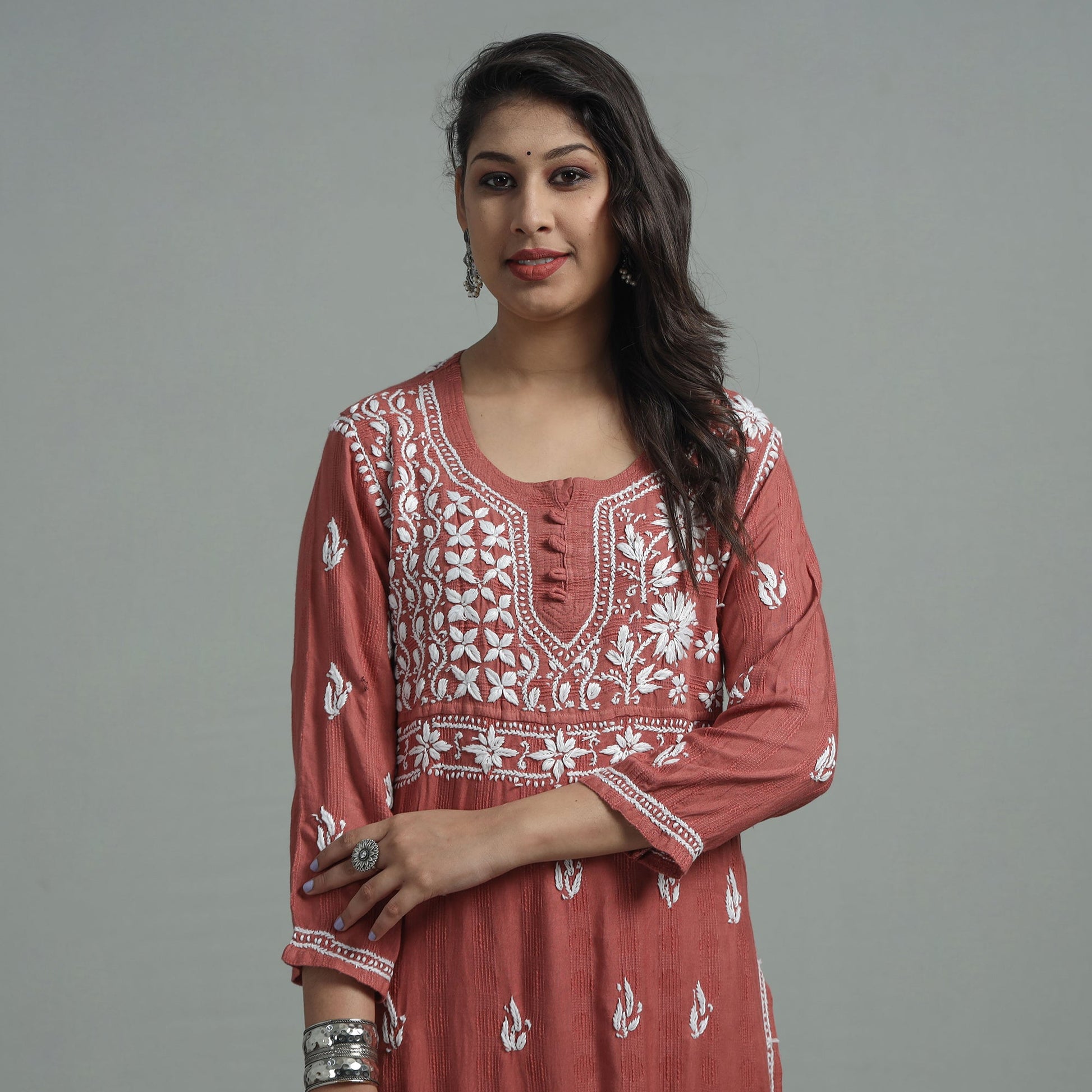 Brown - Chikankari Hand Embroidered Cotton Long Kurta