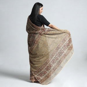 Beige - Pedana Block Print Cotton Kalamkari Saree