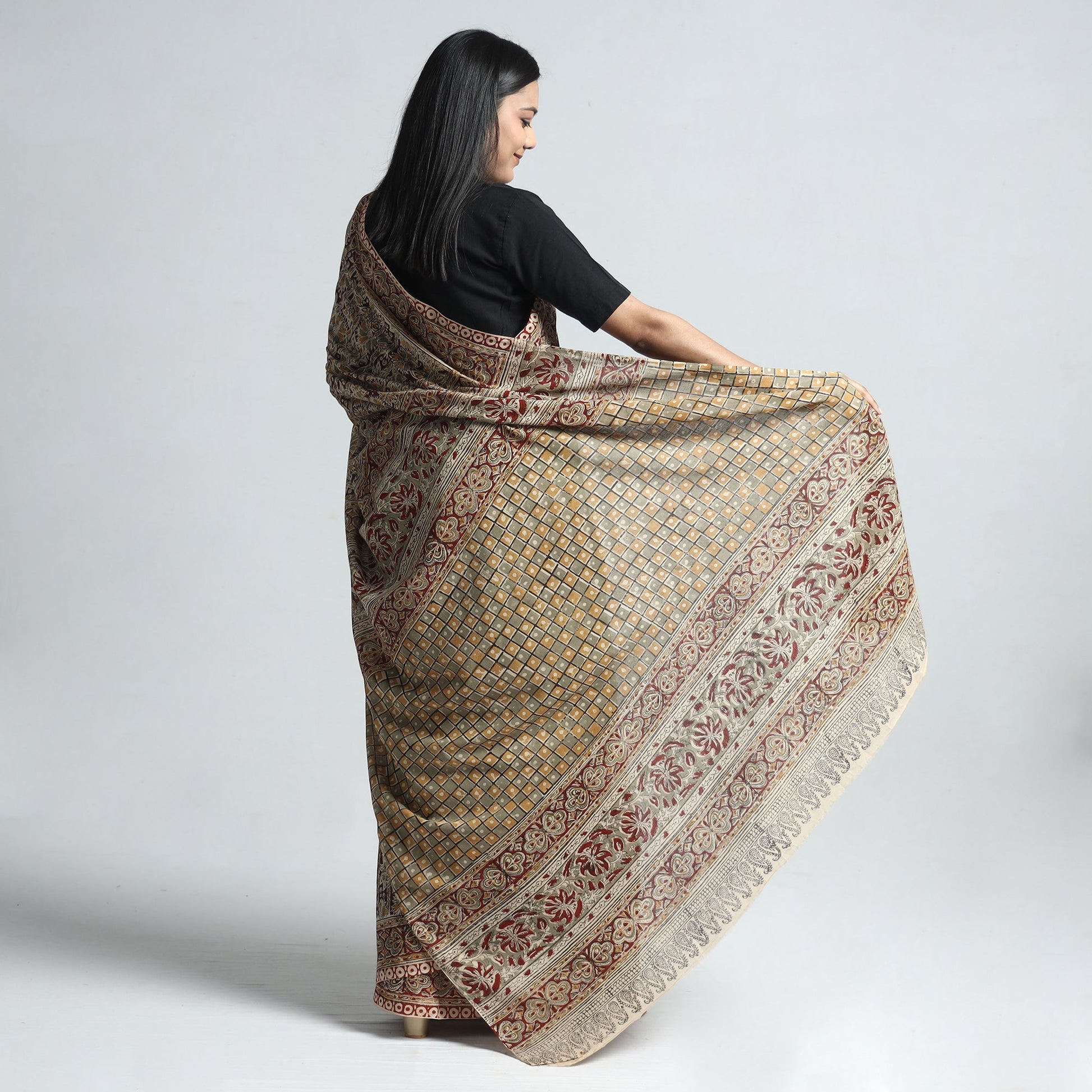 Beige - Pedana Block Print Cotton Kalamkari Saree