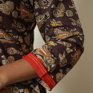 Brown - Kalamkari Printed Cotton A-Line Long Kurta with Patchwork 71
